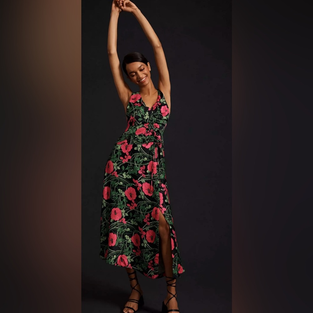 Maeve Ruched Midi Dress by Anthropologie - Black and Pink Floral High Low Dress